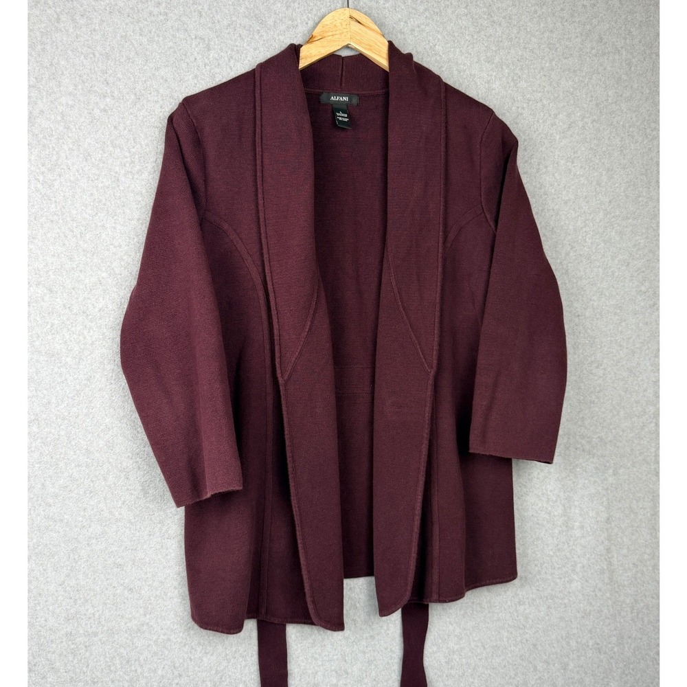 Alfani Womens Burgundy Open Front Belted Cardigan Sweater Shawl Collar L FA16